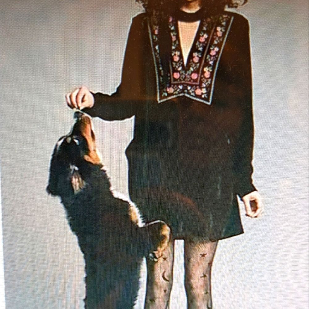 Free People Always Forever Black The Velvet Mini Dress  XS Floral Needlepoint